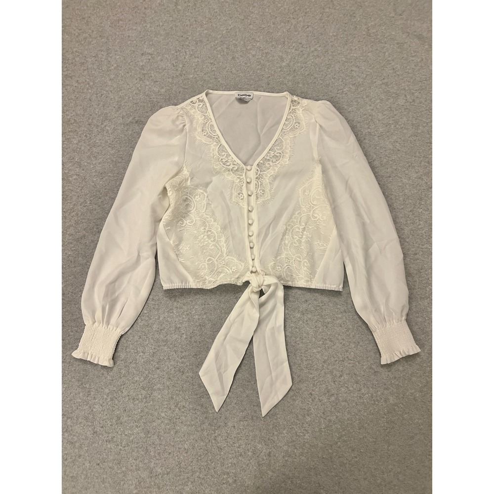 bebe Crop Top Blouse Womens Size 2 White Lace Sheer Coquette Tie Front Romantic